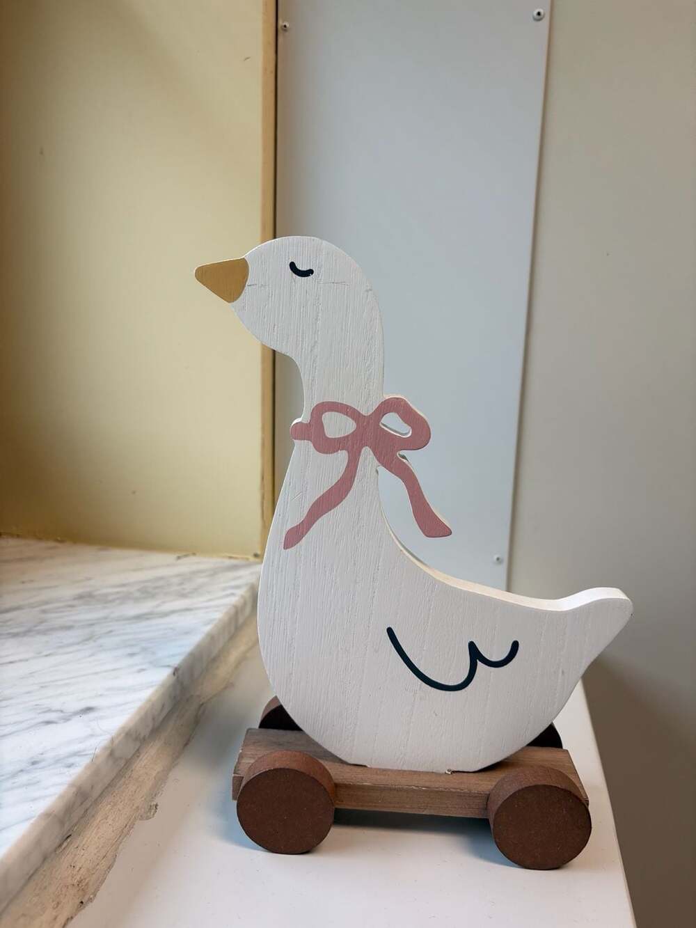 White Goose On Wheels Wood Decor